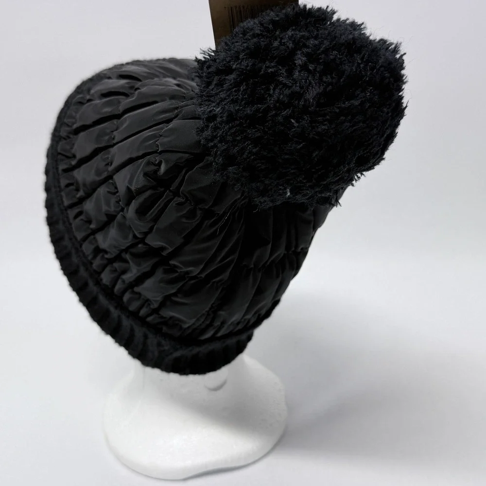 Fanes Paul Youth Beanie Black Quilted Puffer Knit Pom-Pom Hat Fuzzy Lined NEW